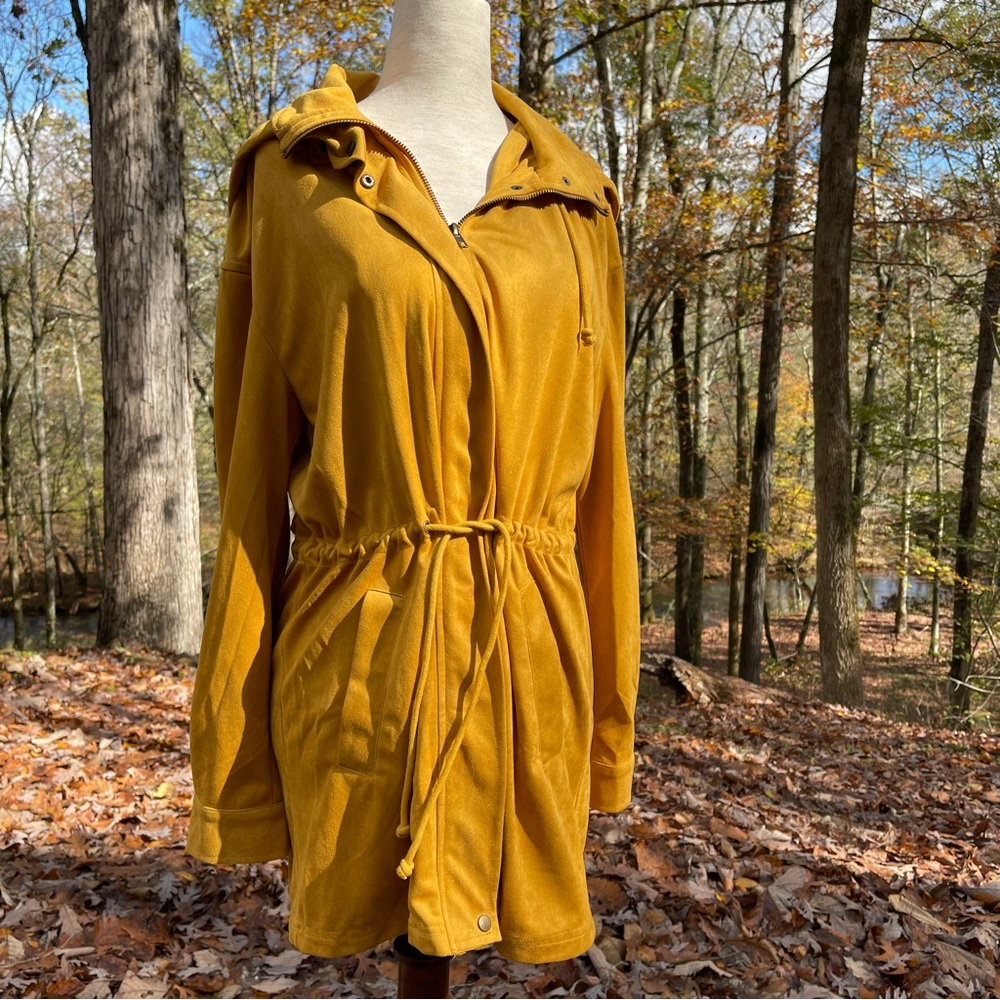 Ellison Faux Suede Mustard Yellow Hooded Longline Jacket Small